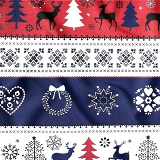 Tkanina bawełniana - Świąteczny renifer sweterek skandynawski czerwono granatowy