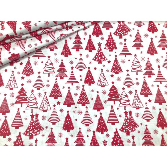 Tkanina bawełniana - Świąteczna choinki czerwone na białym