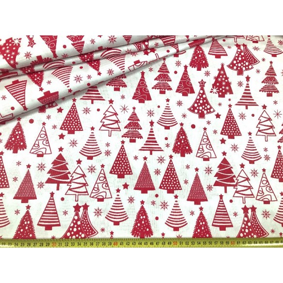Tkanina bawełniana - Świąteczna choinki czerwone na białym