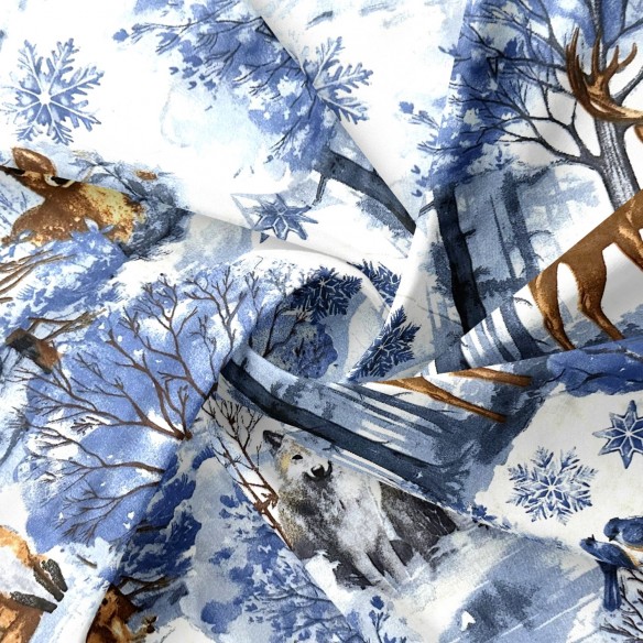 Тканина з бавовни - Різдвяний синій пейзаж