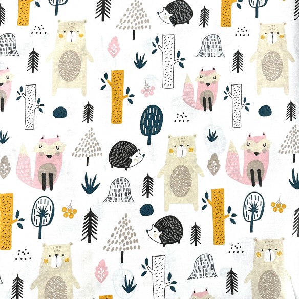 Бавовняна тканина - Лісові тварини рожево-оранжеві на білому фоні