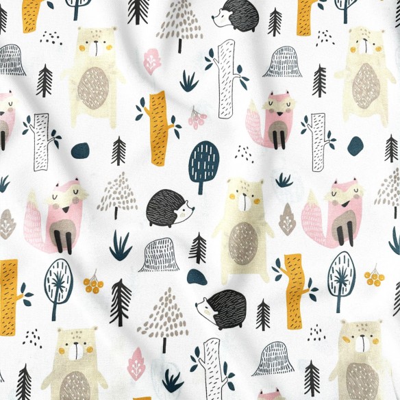 Бавовняна тканина - Лісові тварини рожево-оранжеві на білому фоні