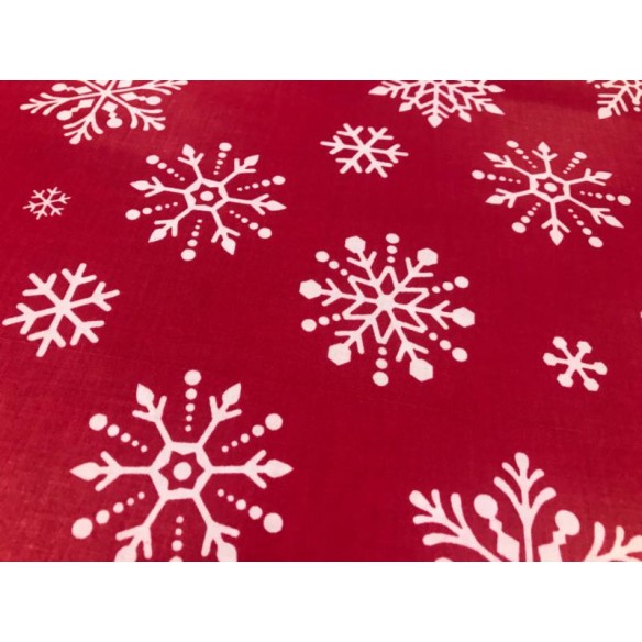 Tkanina bawełniana - Świąteczne śnieżynki białe na czerwonym