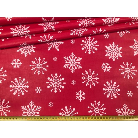 Бавовняна тканина - новорічні сніжинки, білі на червоному, великі