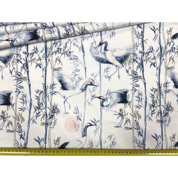 Tkanina bawełniana - Kwiaty i ptaki żuraw na białym