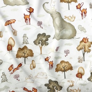 Tkanina bawełniana - Słonie ze zwierzętami beż