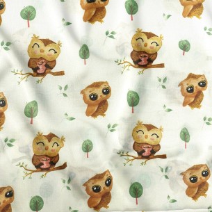 Tkanina bawełniana - Sówki w lesie na ecru