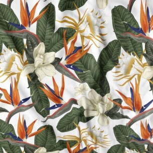 Kolorowa tkanina bawełniana, strelicja i zielone liście, 160cm szerokości