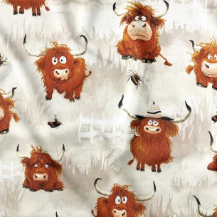 Tkanina bawełniana - Zwariowane krówki na łące beż, 160cm szer.