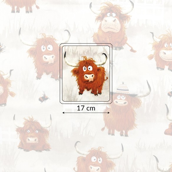 Tkanina bawełniana - Zwariowane krówki na łące beż, 160cm szer.