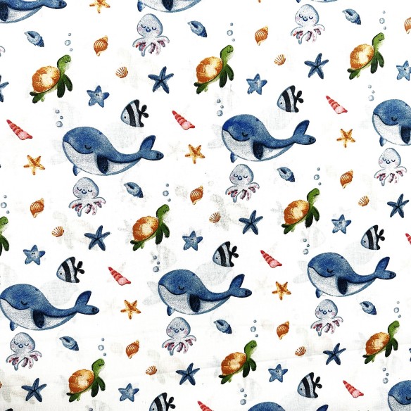 Бавовняна тканина - Друзі океану – Кит, черепаха та медуза