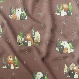 Tkanina bawełniana - Przytulone misie na brązowym tle