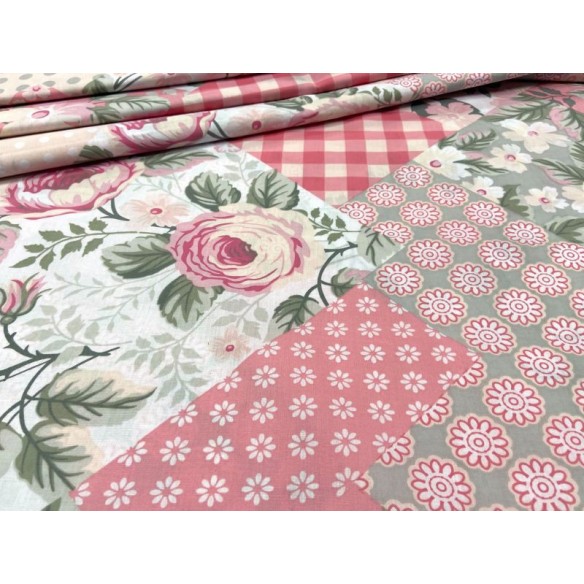 Tkanina bawełniana - Kratka róże patchwork