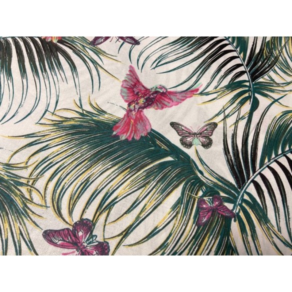 Бавовняна тканина - Тропічна монстера з метеликами та птахами