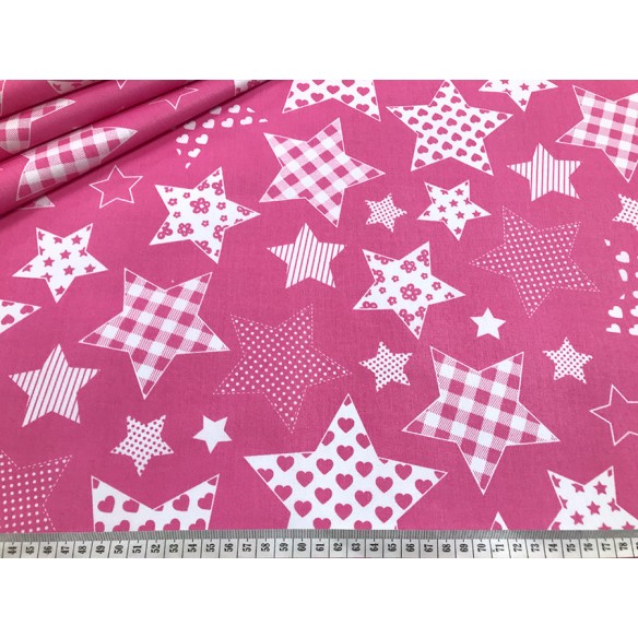 Tkanina bawełniana - Gwiazdy różowe we wzorki