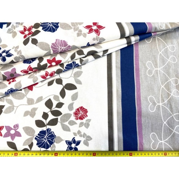 Tkanina bawełniana - Szare liście i kolorowe kwiaty