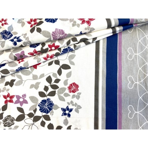 Tkanina bawełniana - Szare liście i kolorowe kwiaty