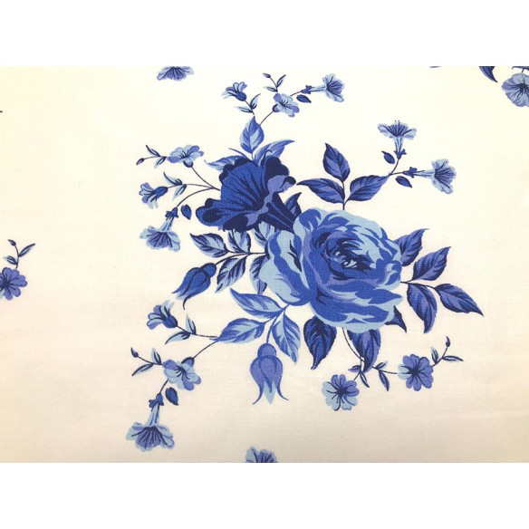 Tkanina bawełniana - Róże niebieskie na białym