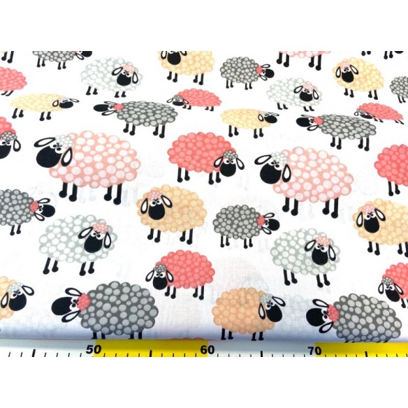 Tkanina bawełniana - Owce różowe żółte i białe