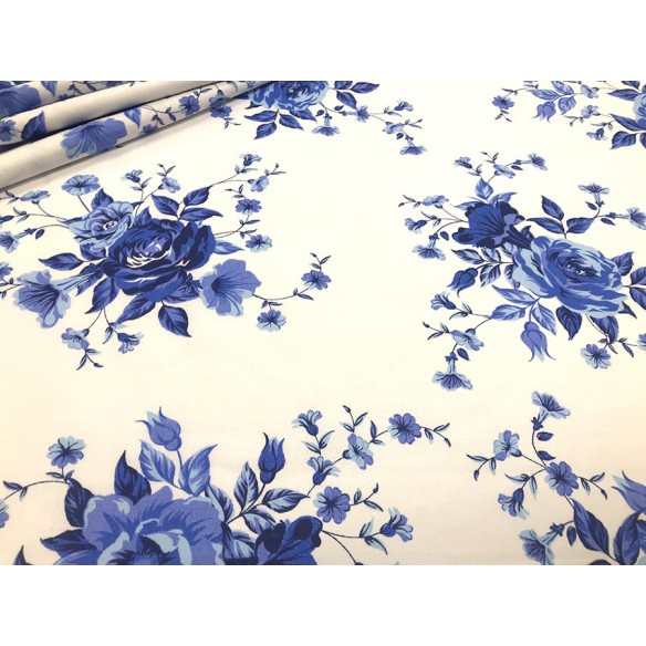 Бавовняна тканина - Сині троянди на білому