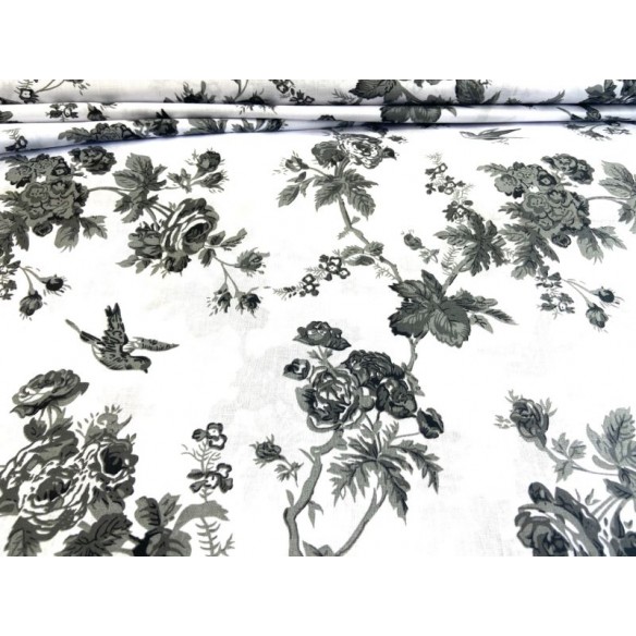Tkanina Bawełniana - Szare kwiaty i wróbelek