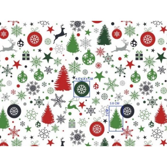 Tkanina bawełniana - Świąteczna bombki choinki prezenty na białym