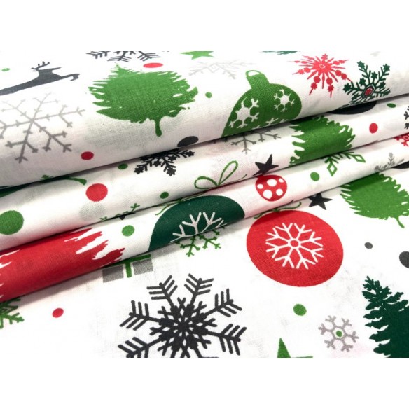 Tkanina bawełniana - Świąteczna bombki choinki prezenty na białym