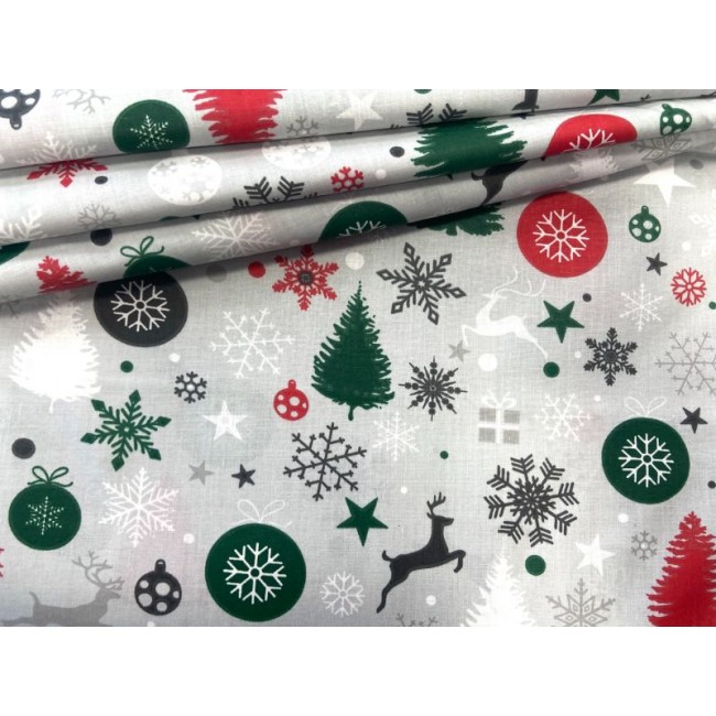 Tkanina bawełniana - Świąteczna bombki choinki prezenty na szarym