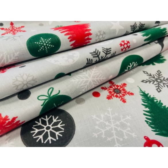 Бавовняна тканина - новорічні дрібнички, ялинка, подарунки на сірому