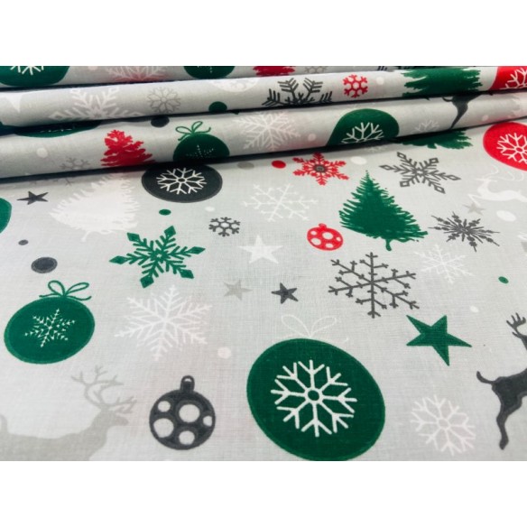 Бавовняна тканина - новорічні дрібнички, ялинка, подарунки на сірому