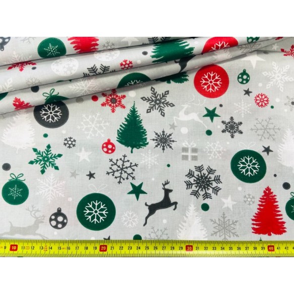 Tkanina bawełniana - Świąteczna bombki choinki prezenty na szarym