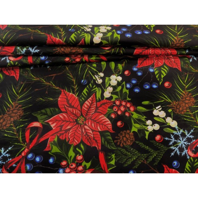 Бавовняна тканина - Різдвяна Вифлеємська зірка банти на чорному