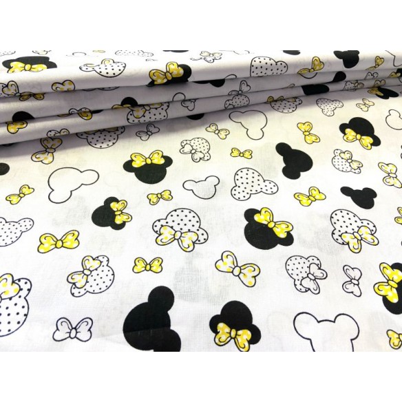 Tkanina bawełniana - Myszka miki z groszkami żółta na białym mała