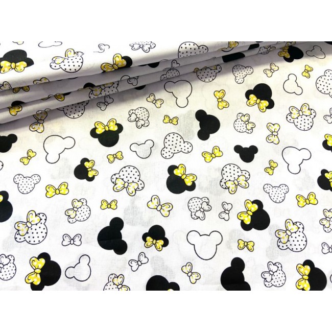 Tkanina bawełniana - Myszka miki z groszkami żółta na białym mała