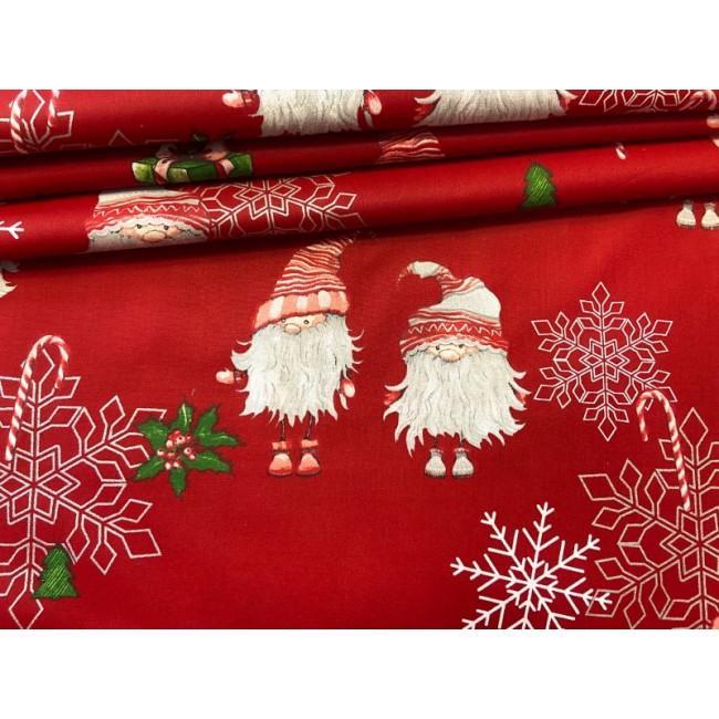 Tkanina bawełniana - Świąteczna mikołaje i śnieżynki na czerwonym