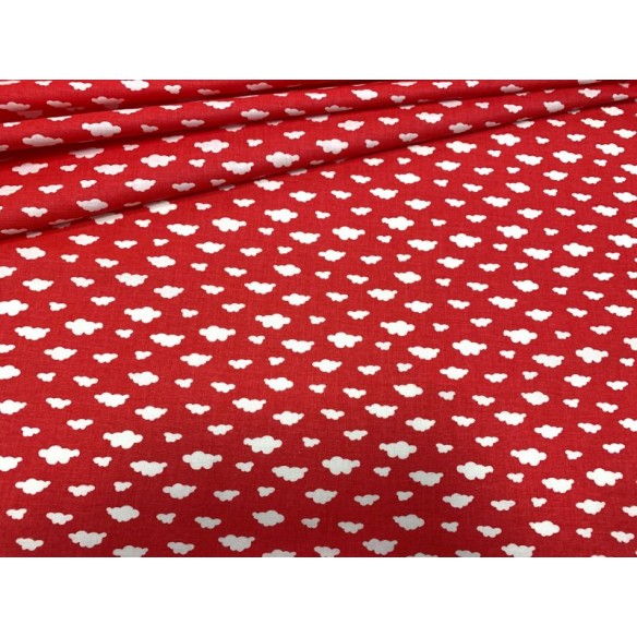 Tkanina bawełniana - Białe chmurki na czerwonym mini