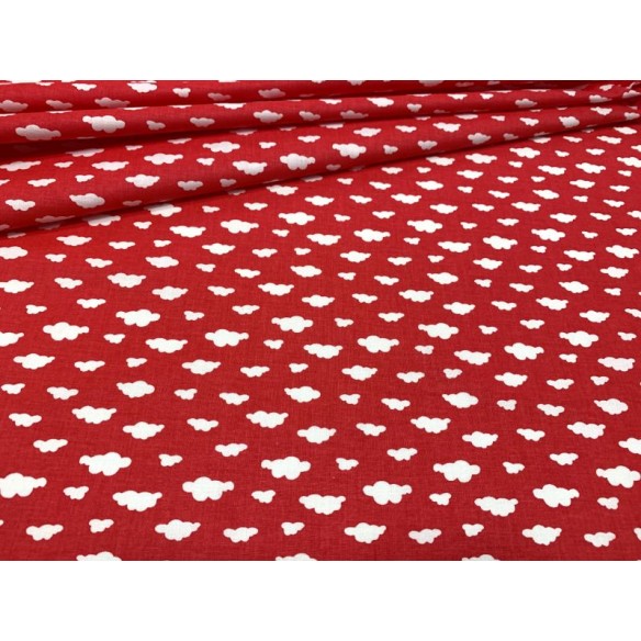Tkanina bawełniana - Białe chmurki na czerwonym mini