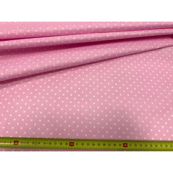 Tkanina bawełniana - Groszki białe na różowym 4 mm