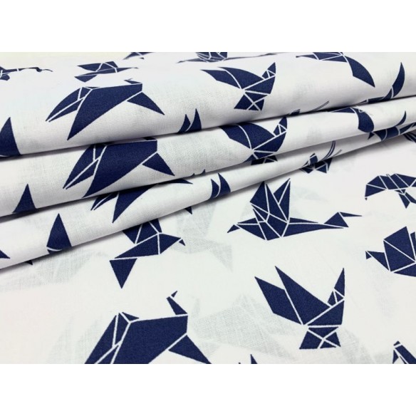 Tkanina bawełniana - Jaskółki origami granatowe na białym