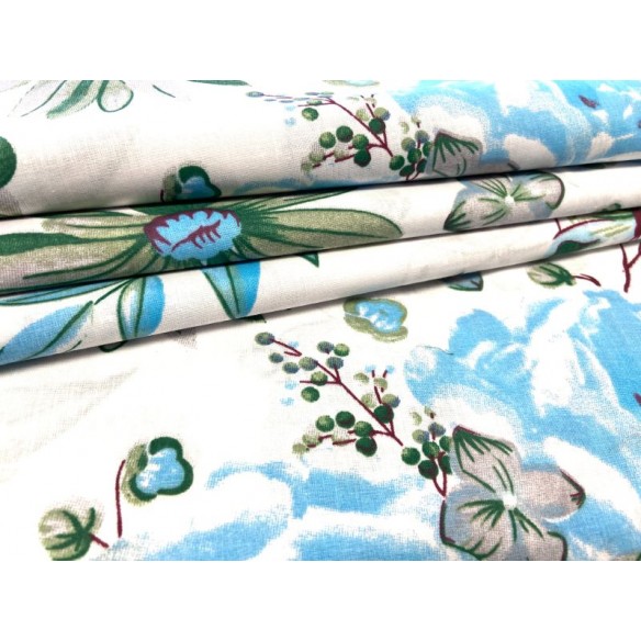 Tkanina bawełniana - Kwiaty róże motyle niebieskie