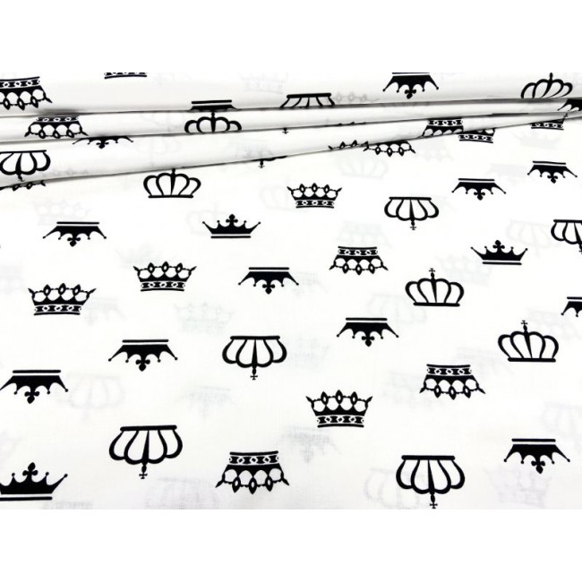 Tkanina bawełniana - Korony czarne na białym