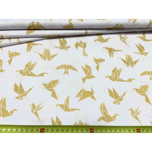 Tkanina bawełniana - Jaskółki origami złote na białym