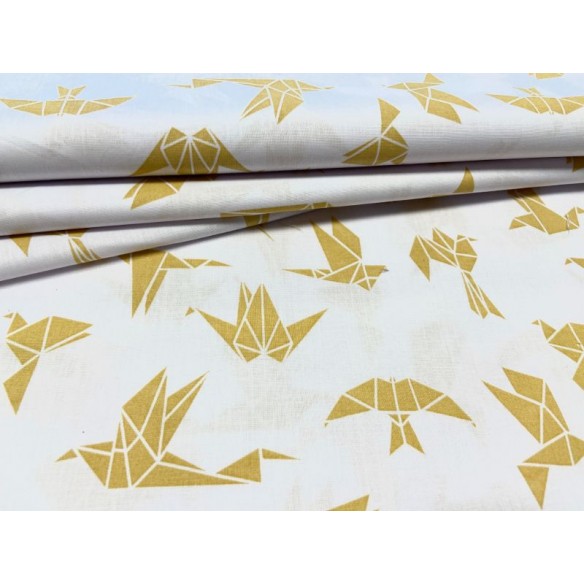 Tkanina bawełniana - Jaskółki origami złote na białym