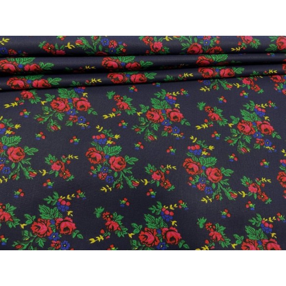 Tkanina bawełniana - Kwiaty góralskie granatowe