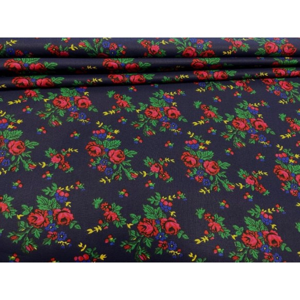 Tkanina bawełniana - Kwiaty góralskie granatowe