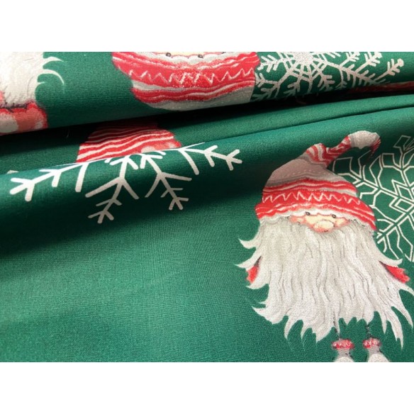 Tkanina bawełniana - Świąteczna mikołaje i śnieżynki na zielonym