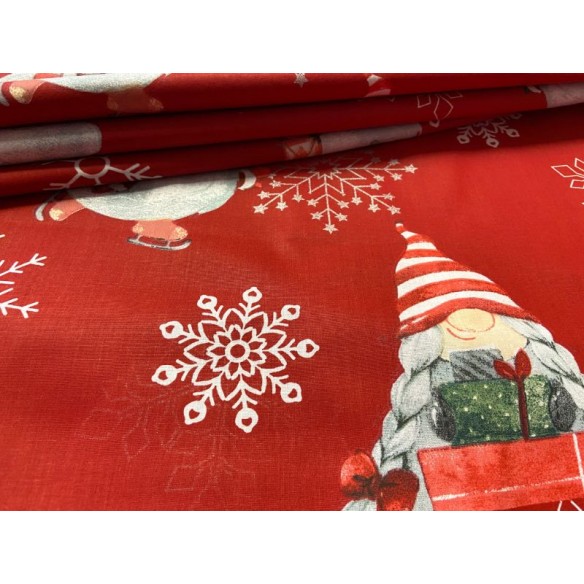 Tkanina bawełniana - Świąteczna skrzaty i śnieżynki na czerwonym