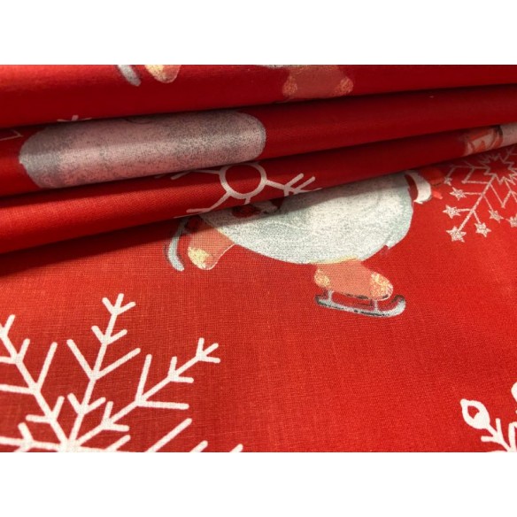 Tkanina bawełniana - Świąteczna skrzaty i śnieżynki na czerwonym