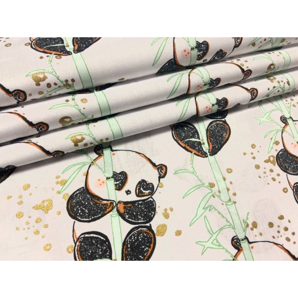 Tkanina bawełniana - Pandy z bambusem na białym