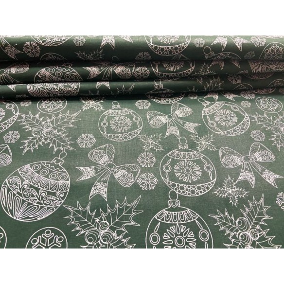 Tkanina bawełniana - Świąteczna bombki koronkowe na zielonym